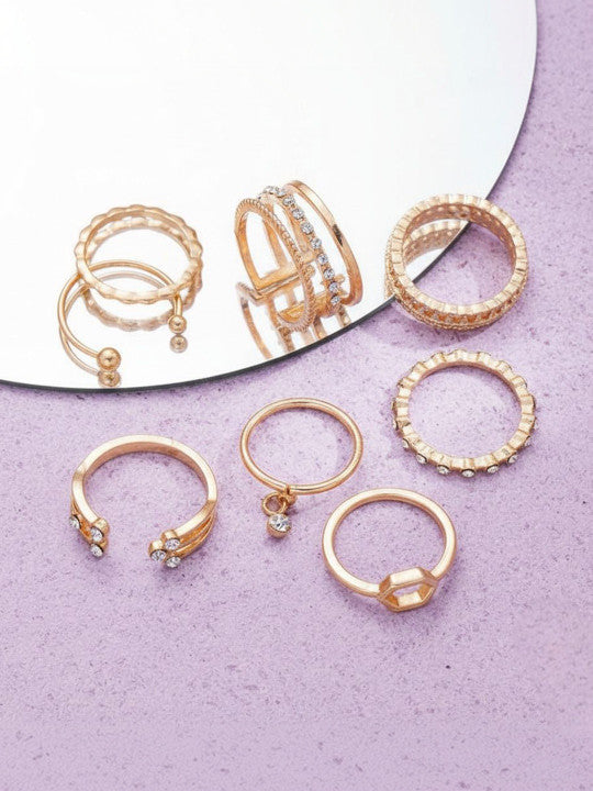 Set Of 8 Gold-Plated Cubic Zirconia-Studded Finger Rings