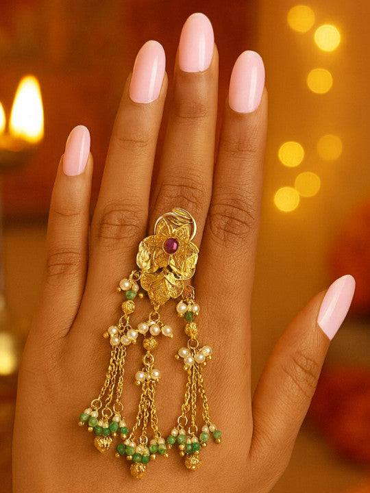 Gold-Plated Stone-Studded & Pearls Beaded Adjustable Dangle Finger Ring