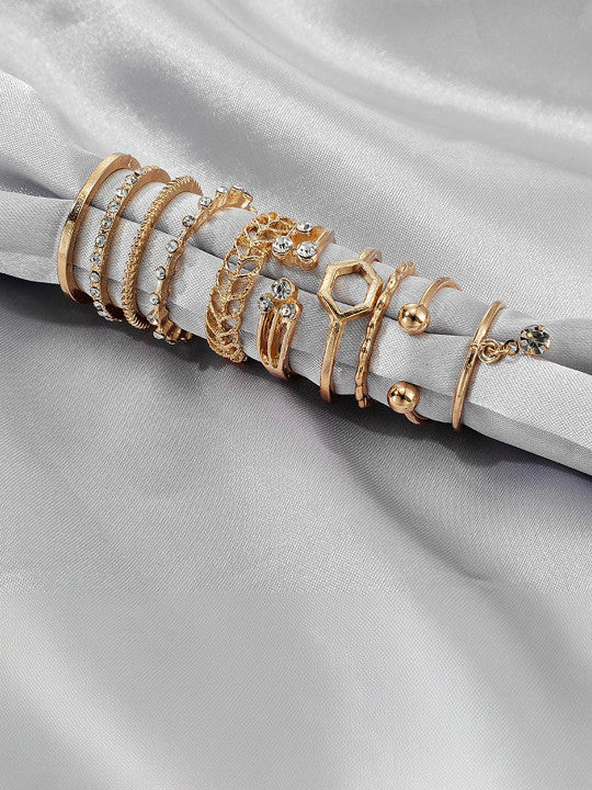 Set Of 8 Gold-Plated Crystal-Studded Finger Rings