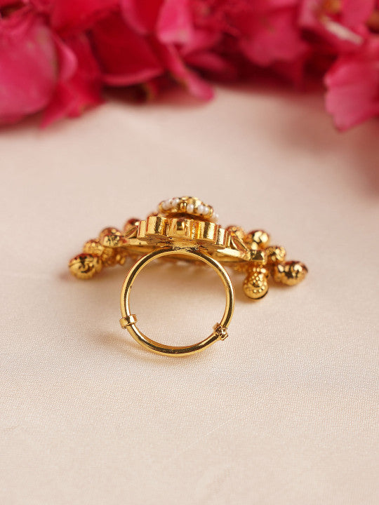 Gold-Plated Kundan Studded & Beaded Finger Ring