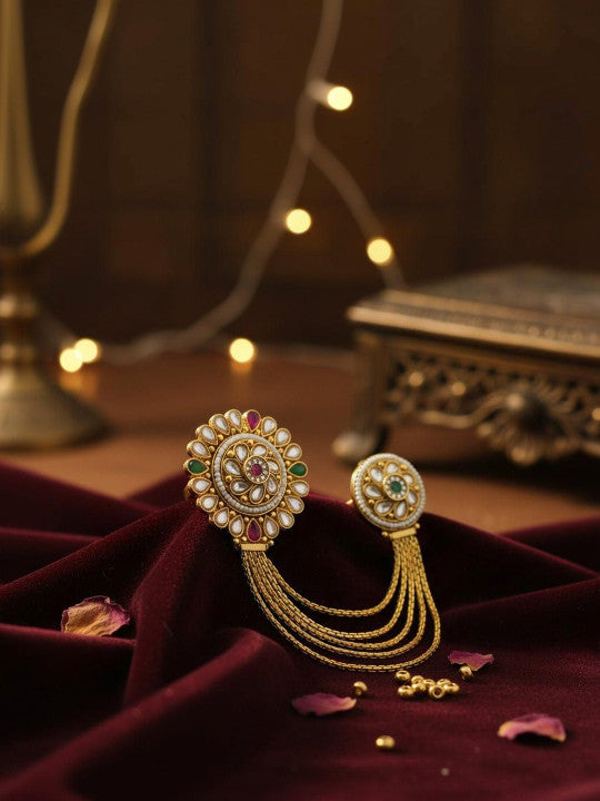 Gold-Plated Kundan Stone-Studded Finger Ring
