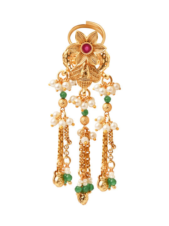 Gold-Plated Stone-Studded & Pearls Beaded Adjustable Dangle Finger Ring