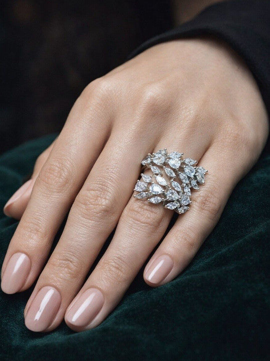 Silver Toned White Zircon Stone Studded Adjustable Ring Secondary image