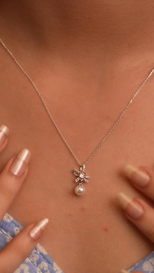 Clara 925 Sterling Silver Pearl Pendant Necklace with Chain | Platinum Plated | Minimal Daily Wear | Gift for Women & Girls