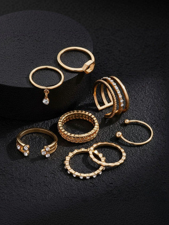 Set Of 8 Gold-Plated Cubic Zirconia-Studded Finger Rings