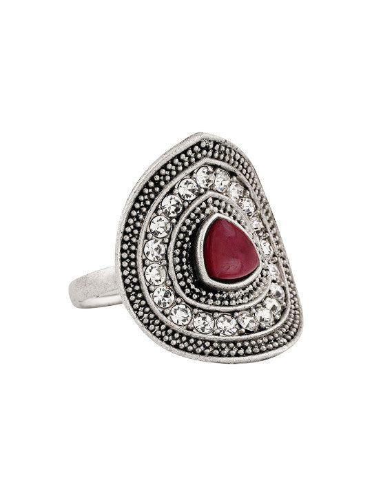 Dhani Silver Women Maroon Silver-Plated Gemstone Studded Ring