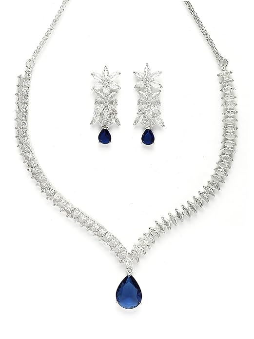 Karatcart Elegant Silver Plated Blue American Diamond Necklace Set for Women