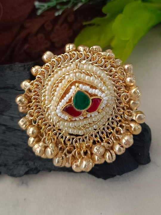 Gold-Plated & Pachi Kundan Studded Ghungroo Kashmiri Lotus Finger Ring