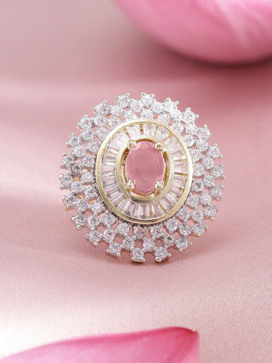 Rhodium-Plated Pink AD & White Zirconia Studded Adjustable Ring