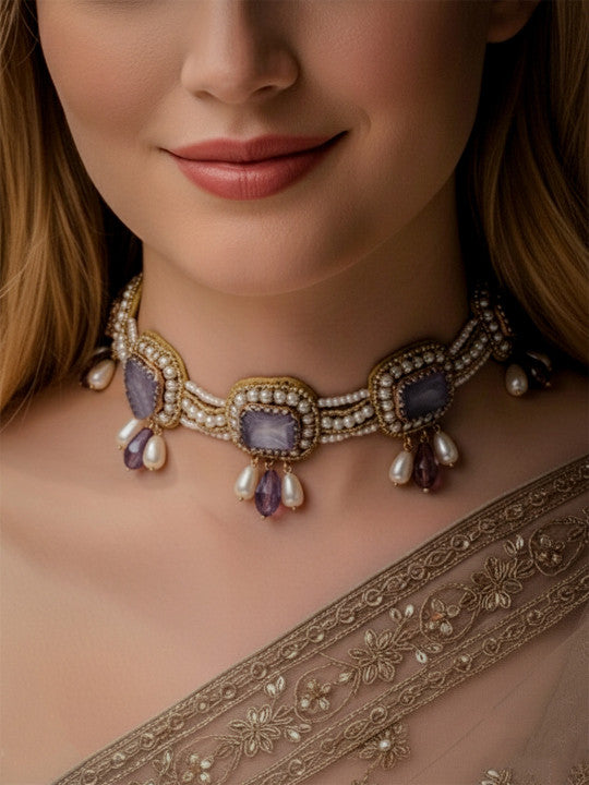 Artificial Stones And Beaded Choker Statement Necklace