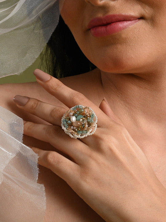 Gold-Plated Crystals-Studded Adjustable Finger Ring