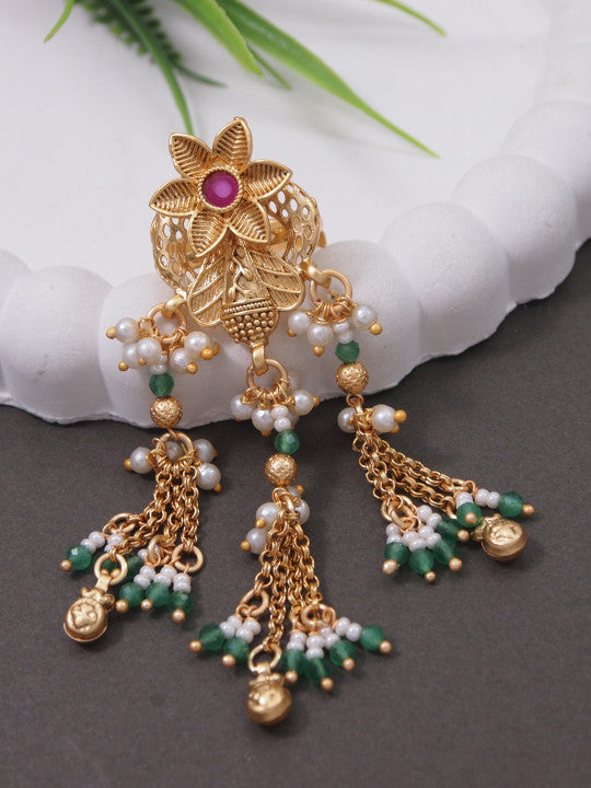 Gold-Plated Stone-Studded & Pearls Beaded Adjustable Dangle Finger Ring