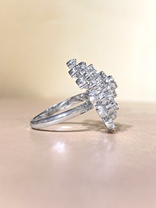 Women Floral Shaped Silver Plated American Diamond Studded Adjustable Ring