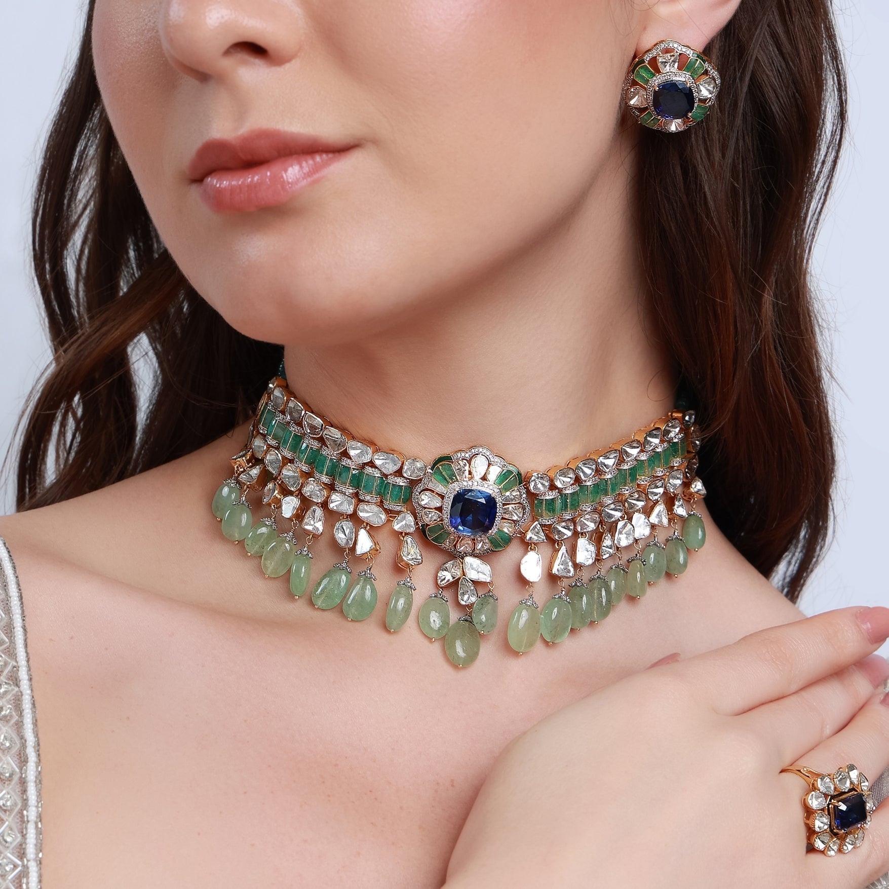 Mithra Choker And Vrinda Tops Polki And Diamond Set