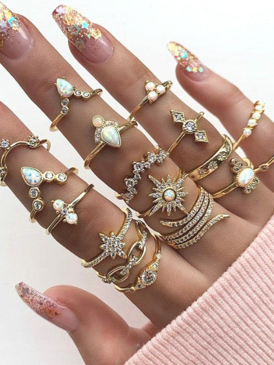 Women Set of 17 Gold-Plated AD Studded Floral Finger Rings Main image