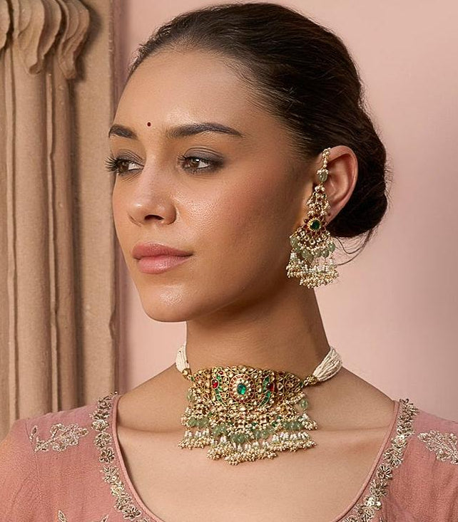 JANAKI RED & GREEN  KUNDAN NECKLACE SET