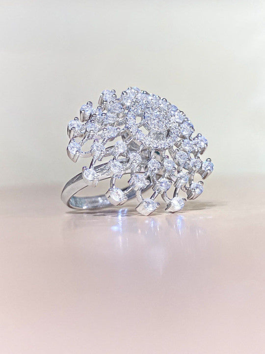 Women Floral Shaped Silver Plated American Diamond Studded Adjustable Ring