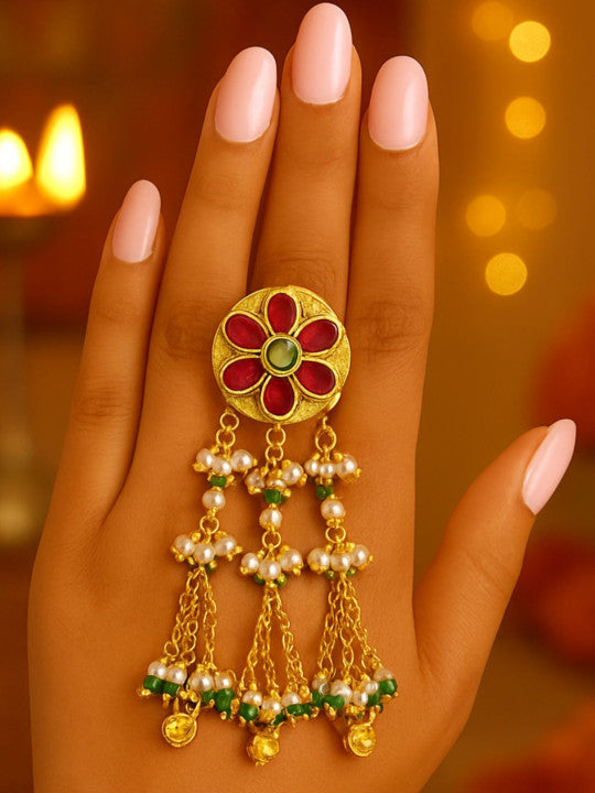 Gold-Plated Stone-Studded & Pearls Beaded Adjustable Dangle Finger Ring