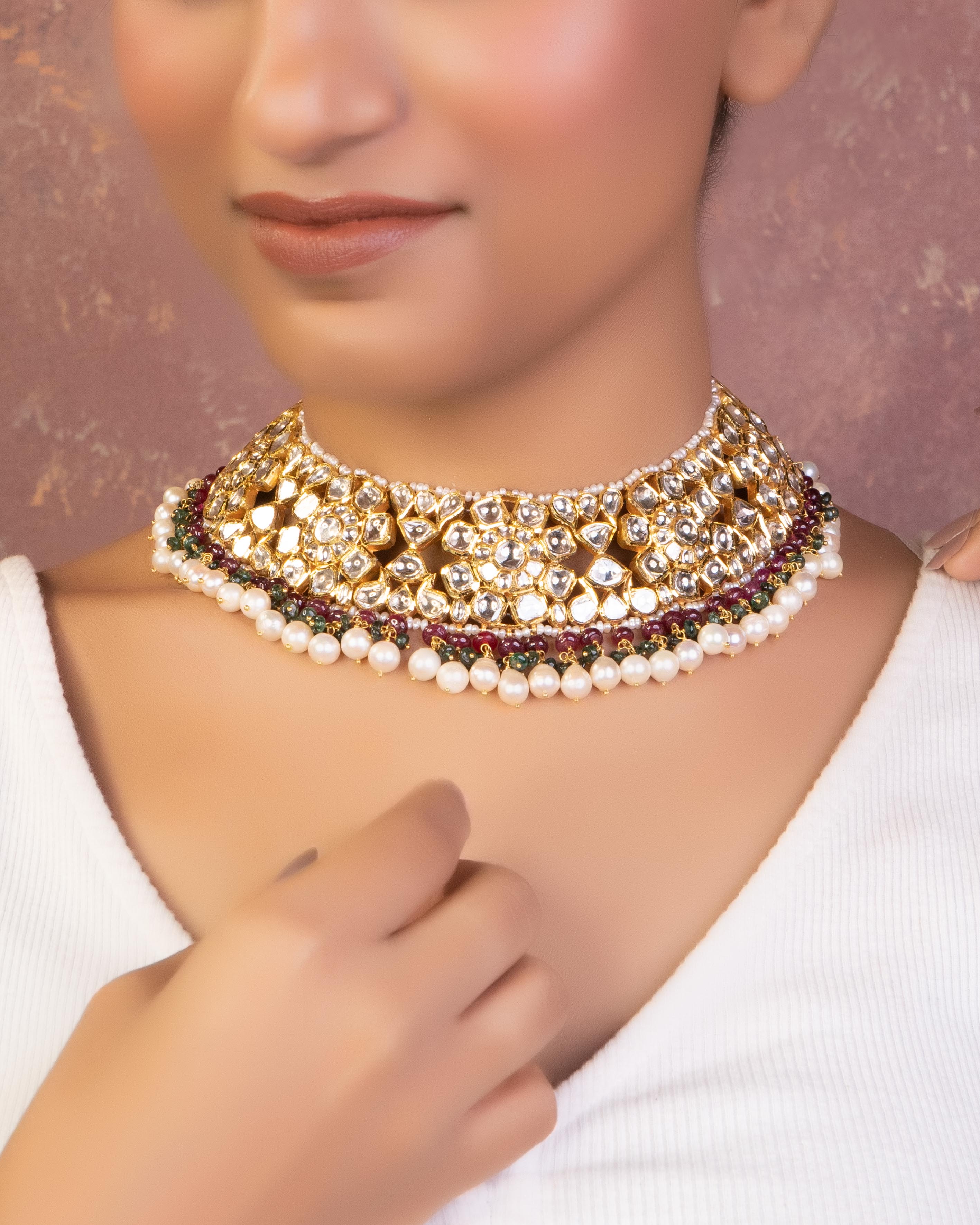 Harveen Necklace And Nimish Long Earrings Jadau Polki Set