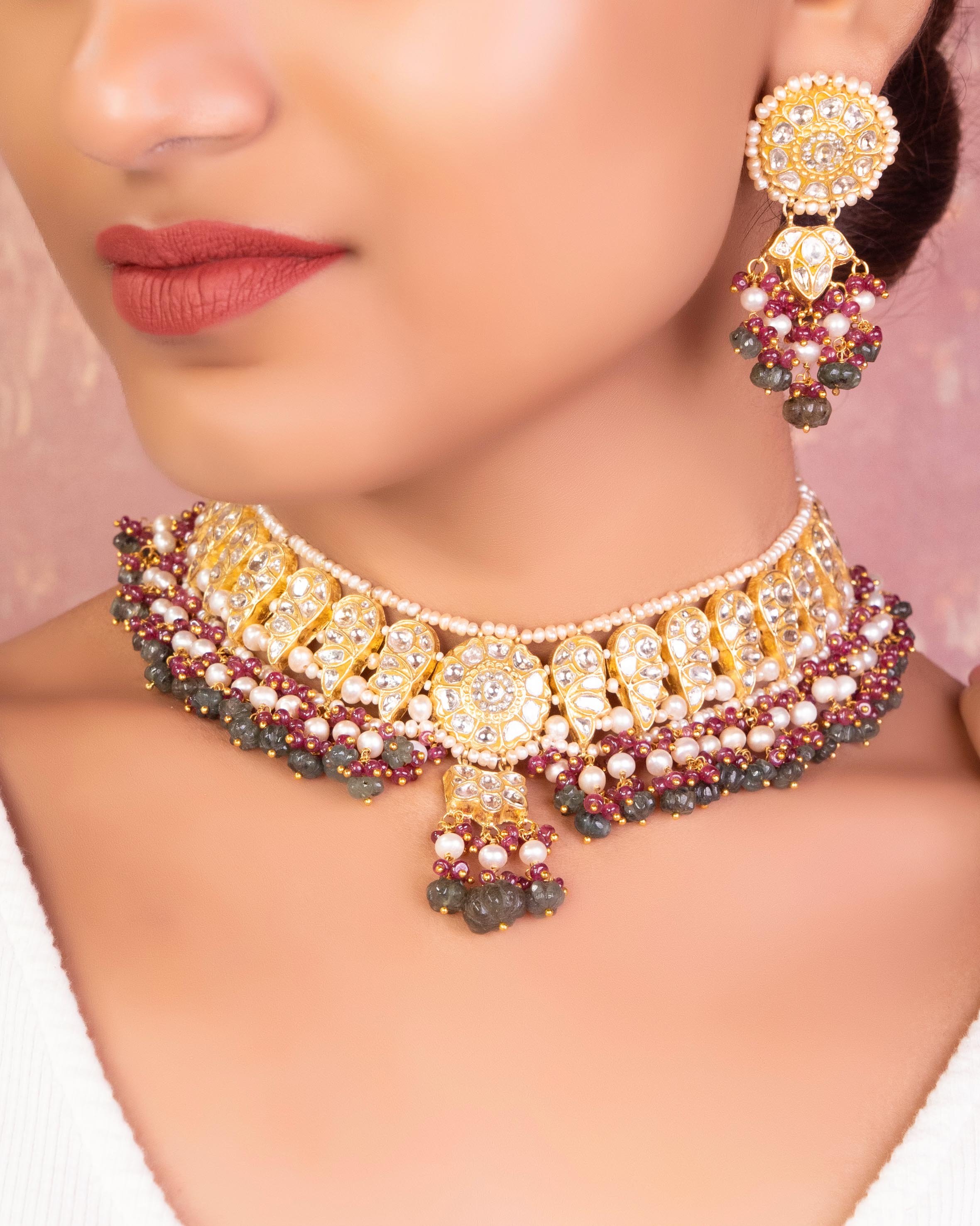 Isha Necklace And Aachal Long Earrings Polki Set
