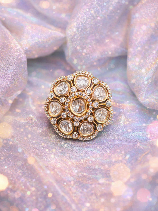 Women Gold-Plated Antique Kundan Finger Ring