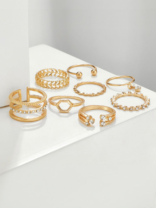 Set Of 8 Gold-Plated Crystal-Studded Finger Rings