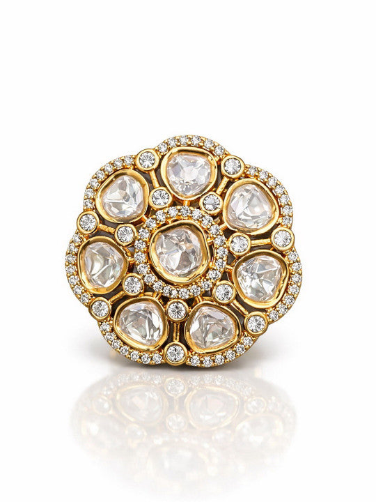 Women Gold-Plated Antique Kundan Finger Ring