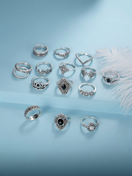 Set Of 15 Silver Plated Oxidised Rings