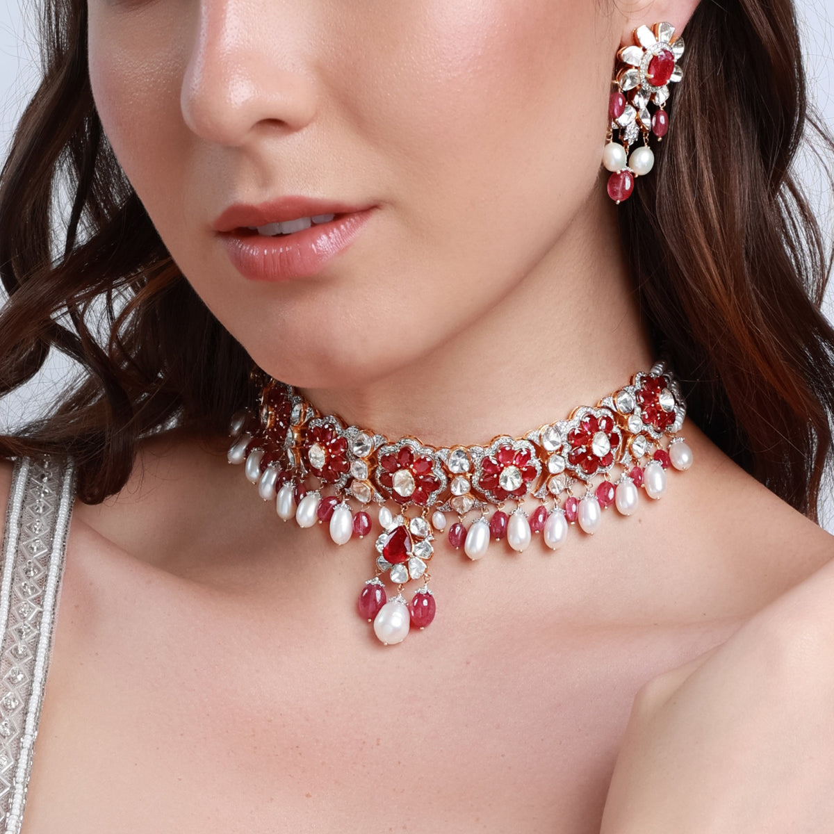 Devika Choker And Elara Long Earrings Polki And Diamond Set