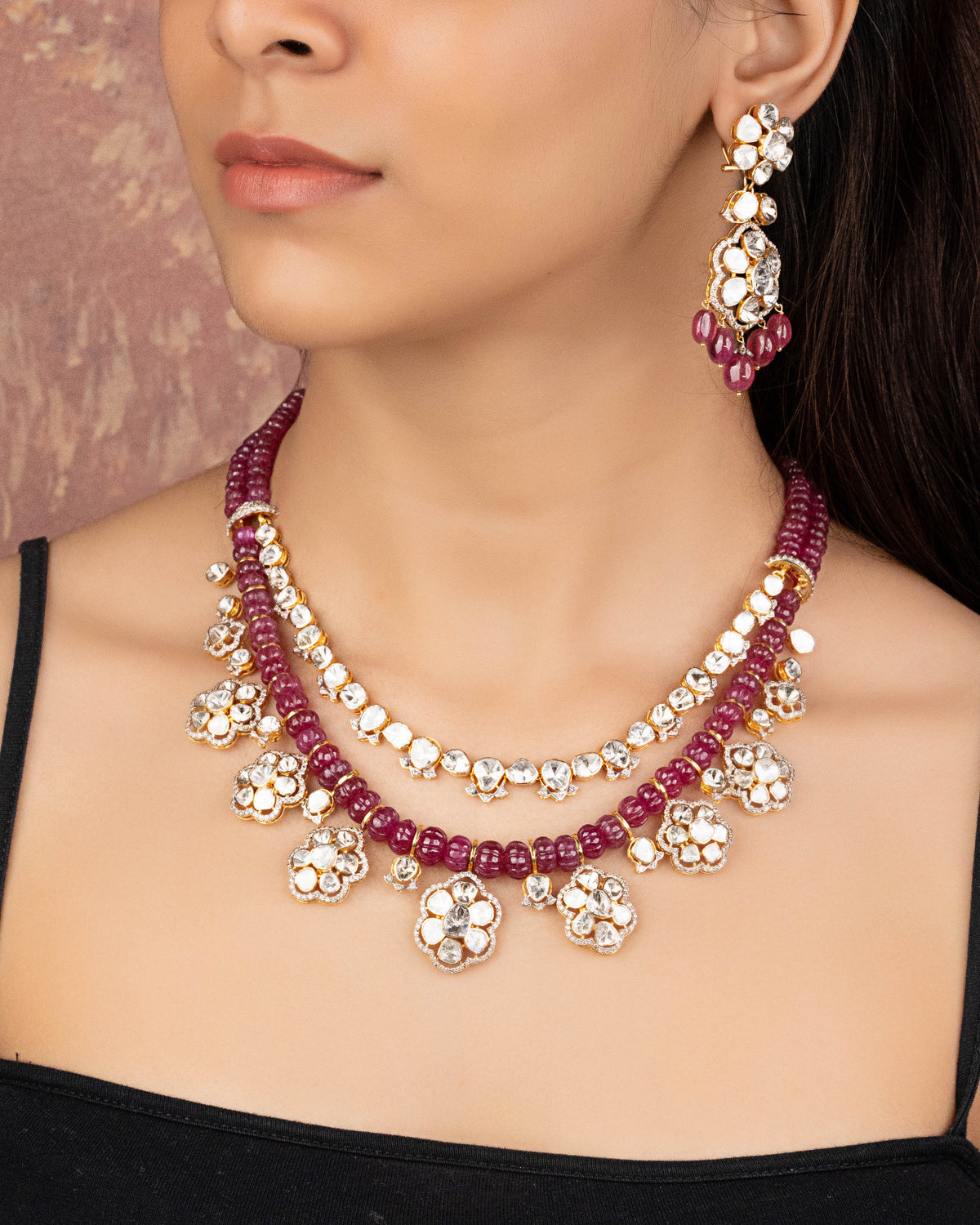 Calla Necklace And Helena Long Earrings Polki And Diamond Set