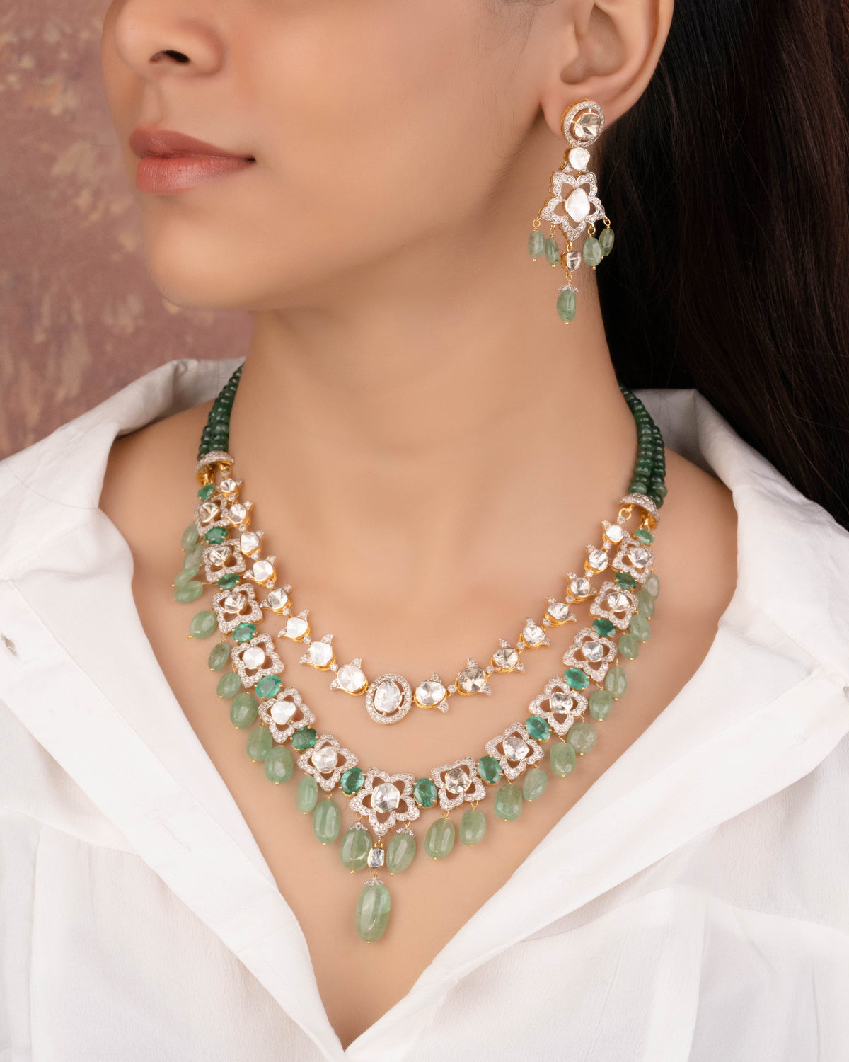 Rumi Necklace And Clea Long Earrings Polki And Diamond Set