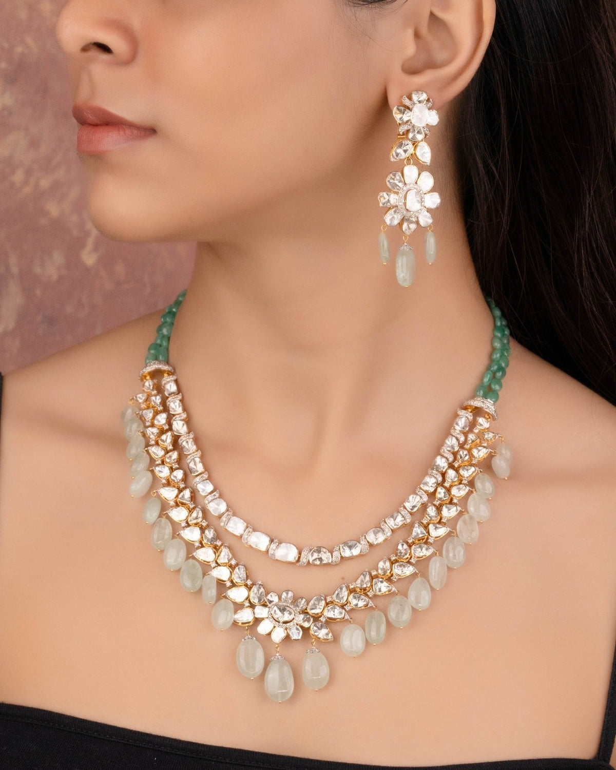 Faye Necklace And Azura Long Earrings Polki And Diamond Set