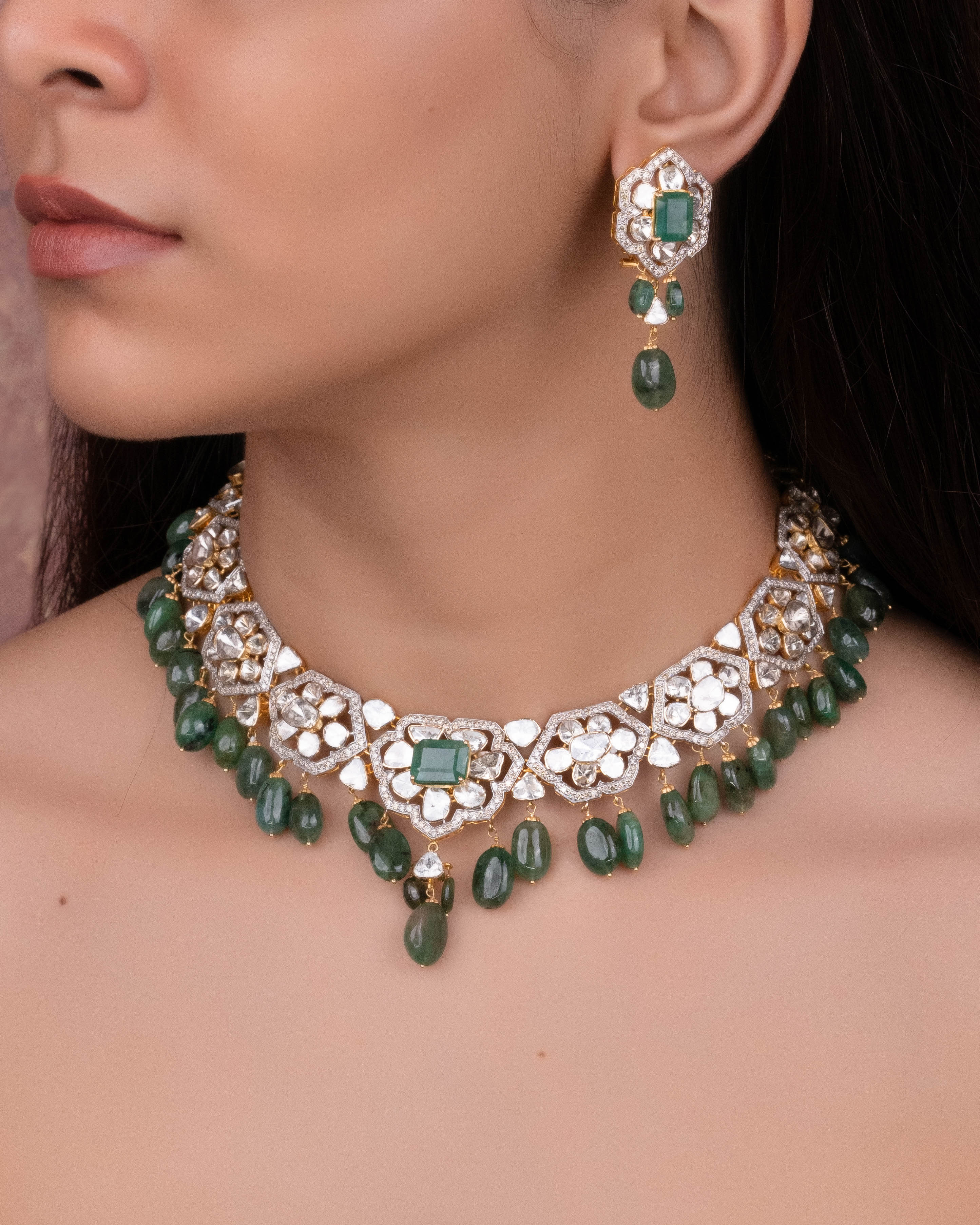 Hiteshi Necklace And Sara Long Earrings Polki And Diamond Set