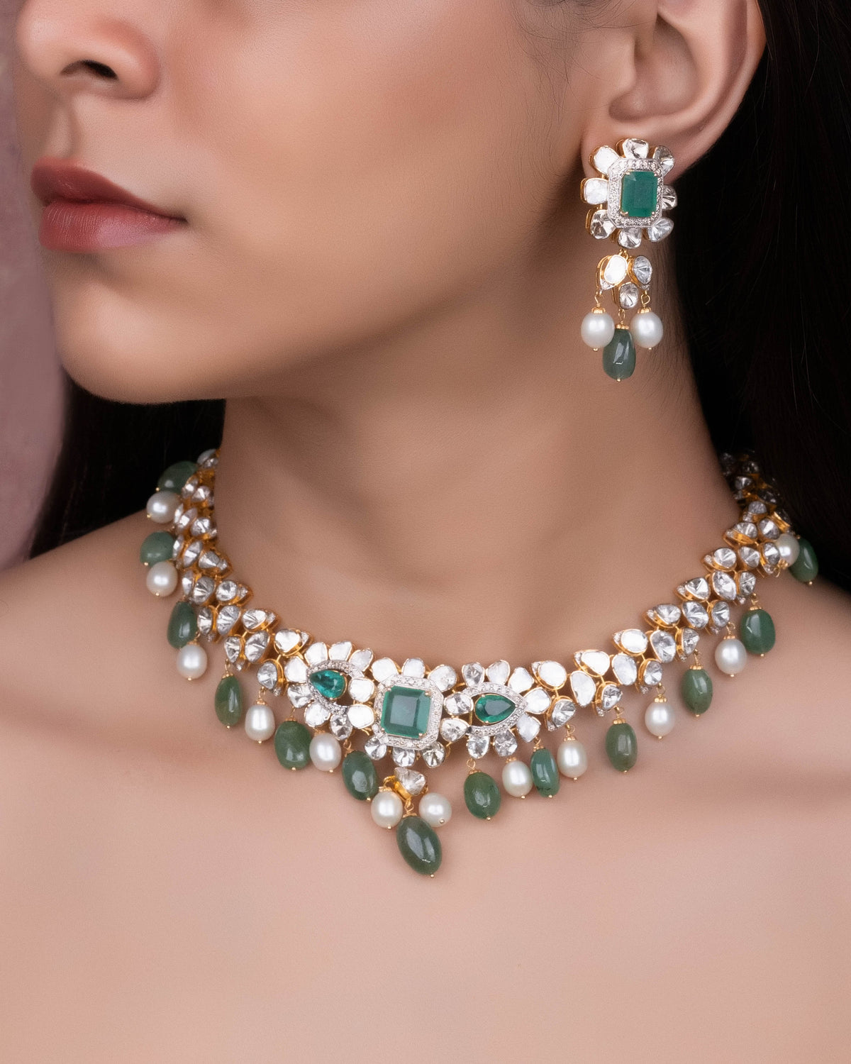 Taren Necklace And Harika Long Earrings Polki And Diamond Set