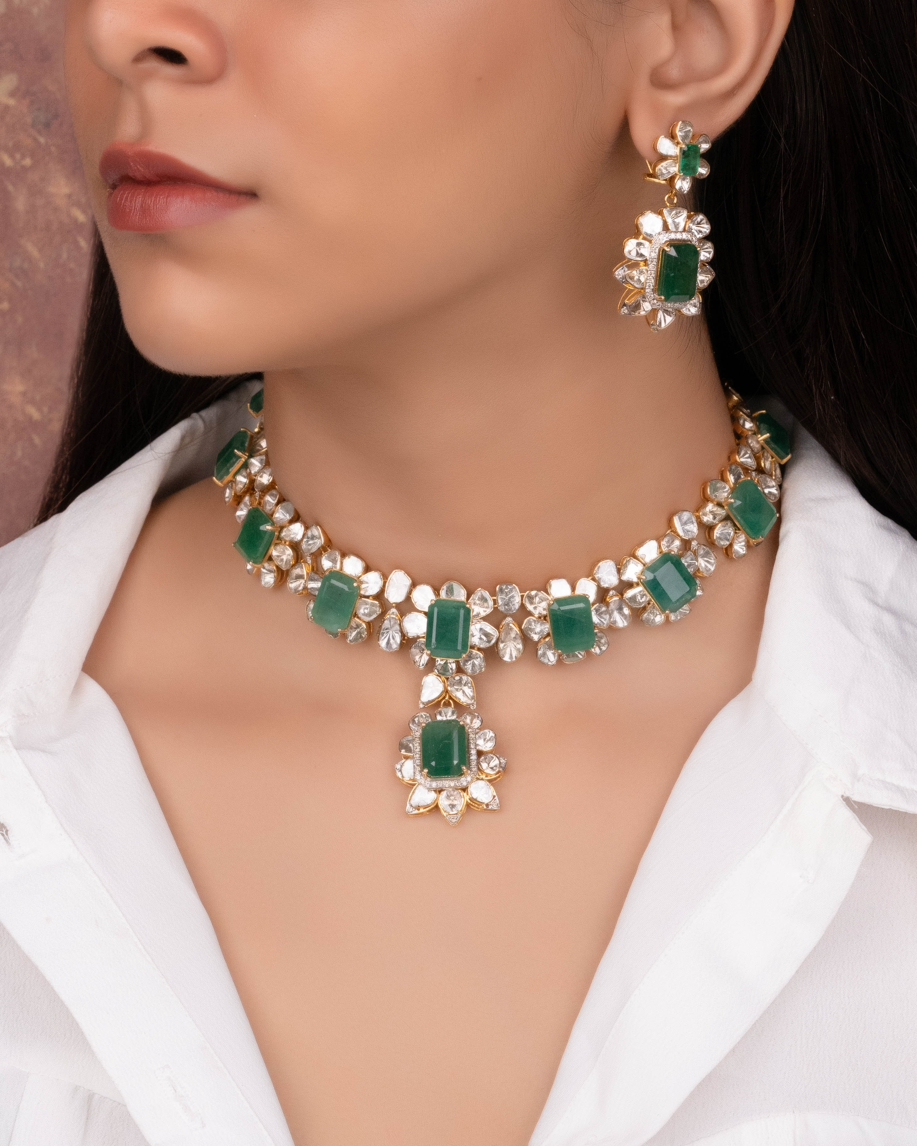 Ruhi Necklace And Formee Long Earrings Polki And Diamond Set