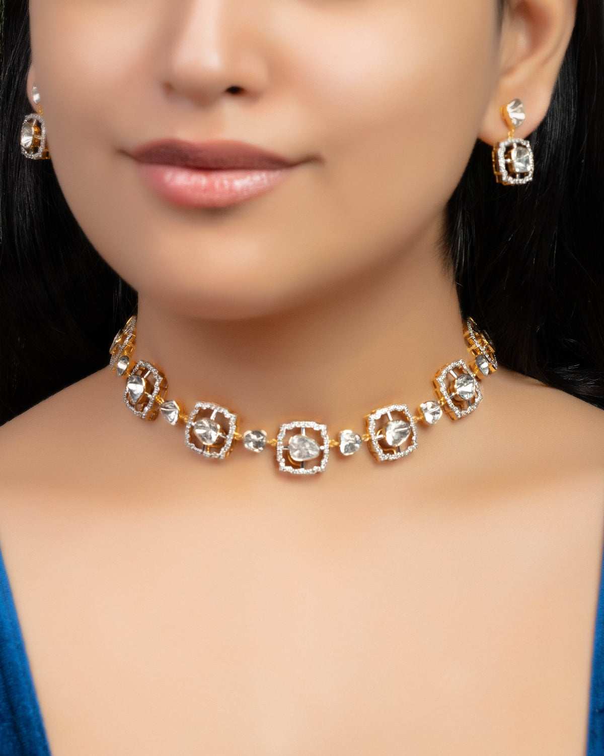 Ariya Choker And Hardika Long Earrings Polki And Diamond Set