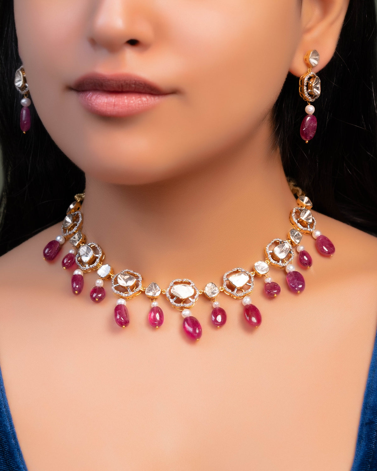 Katha Choker And Vinayaki Long Earrings Polki And Diamond Set Main image