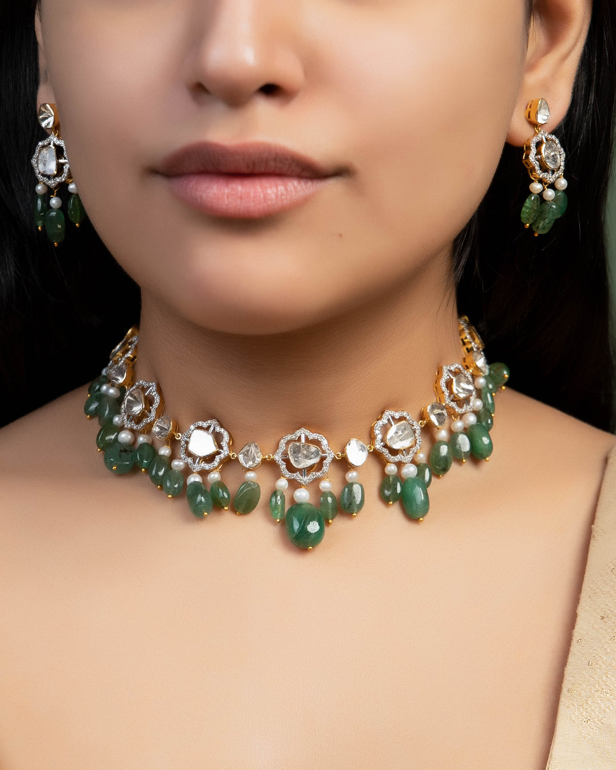 Aayna Choker And Vani Long Earrings Polki And Diamond Set Main image