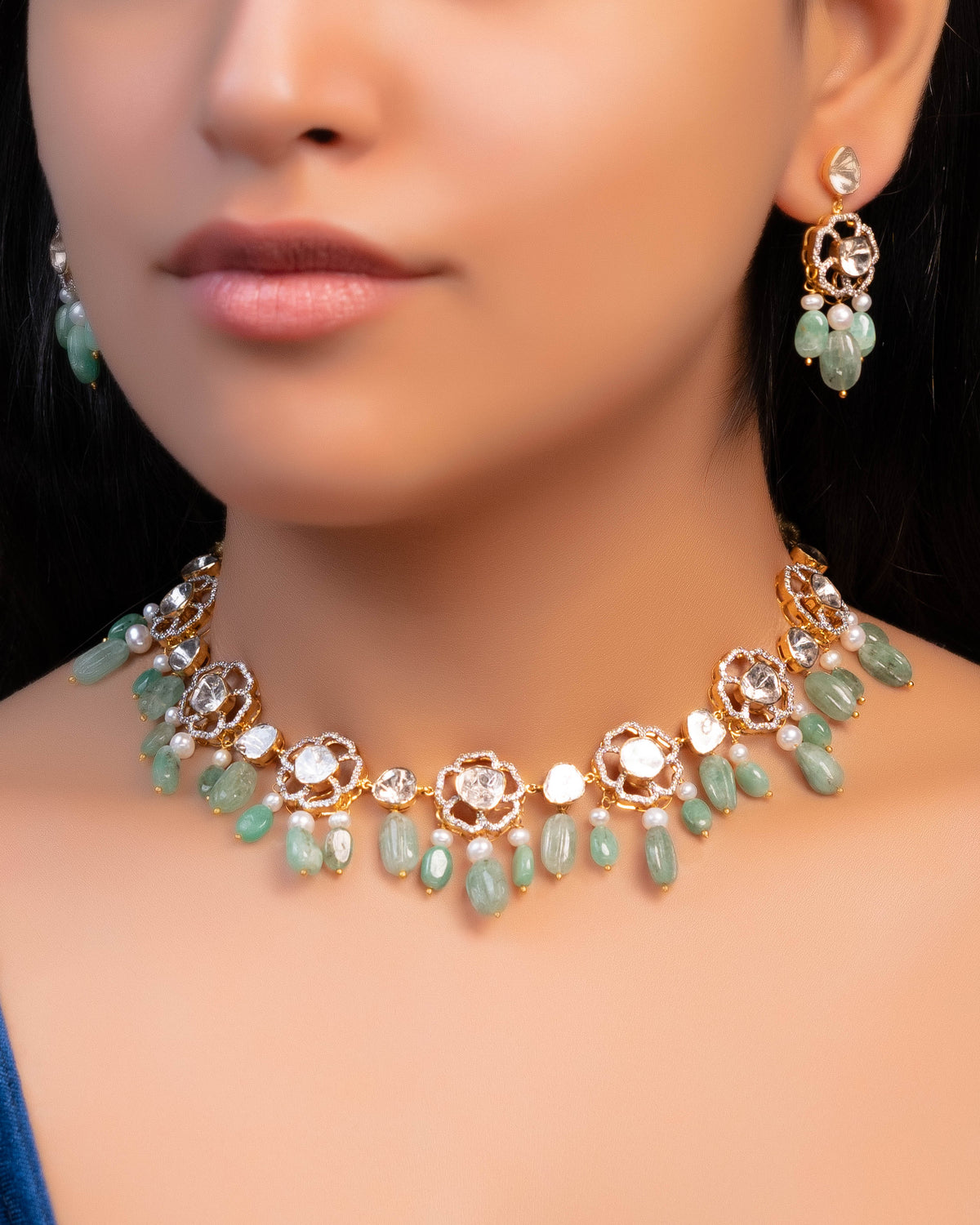 Priyal Choker And Divanshi Long Earrings Polki And Diamond Set Main image