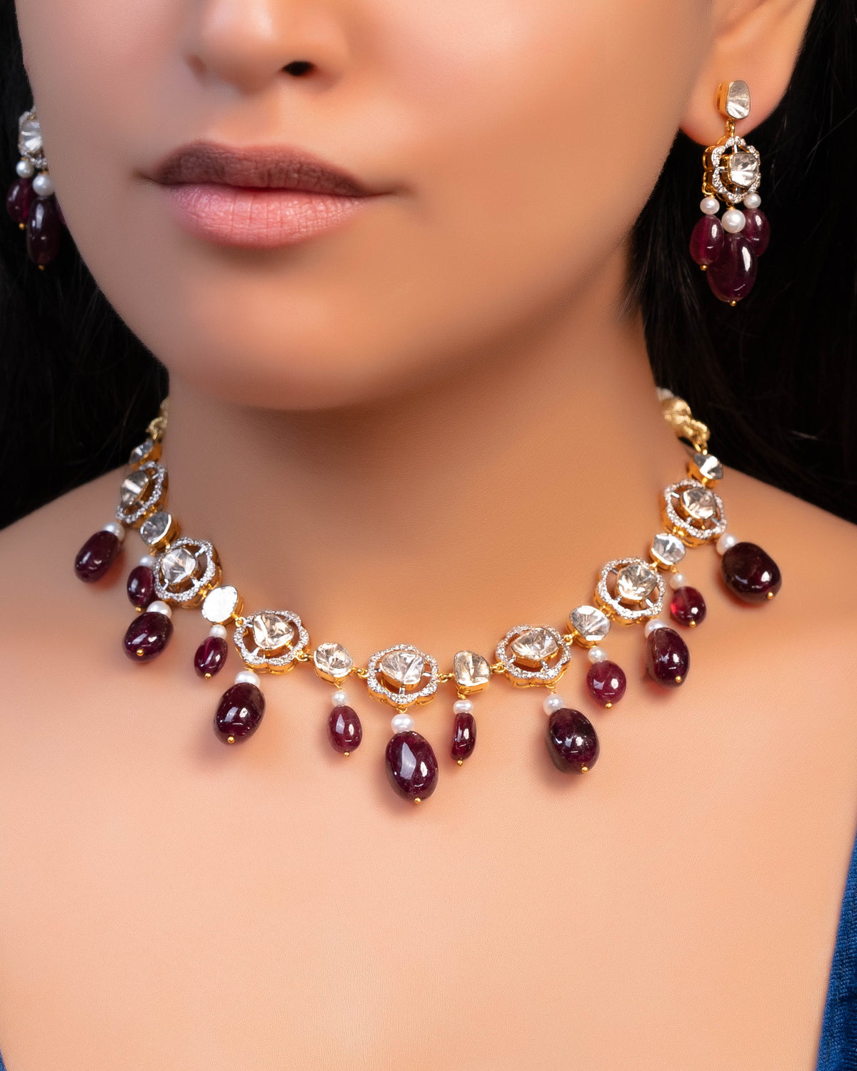 Shifa Choker And Disha Long Earrings Polki And Diamond Set