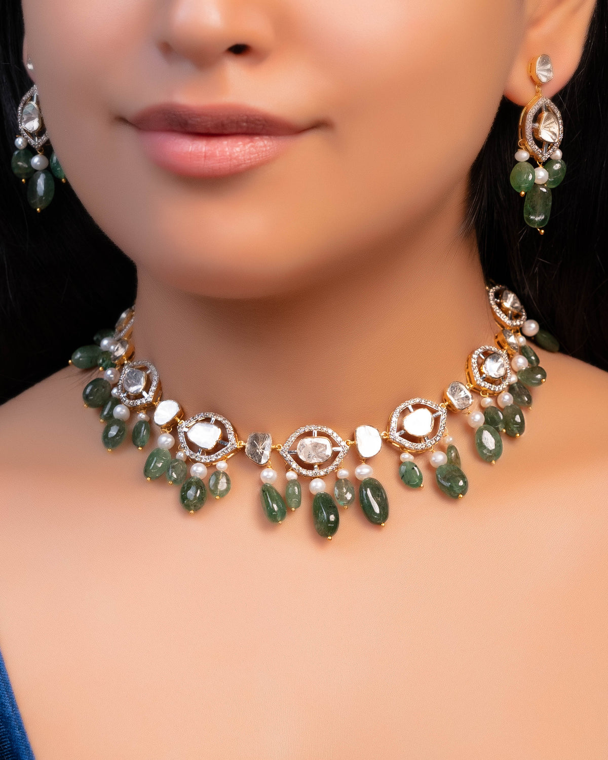 Maithili Choker And Cammy Long Earrings Polki And Diamond Set Main image