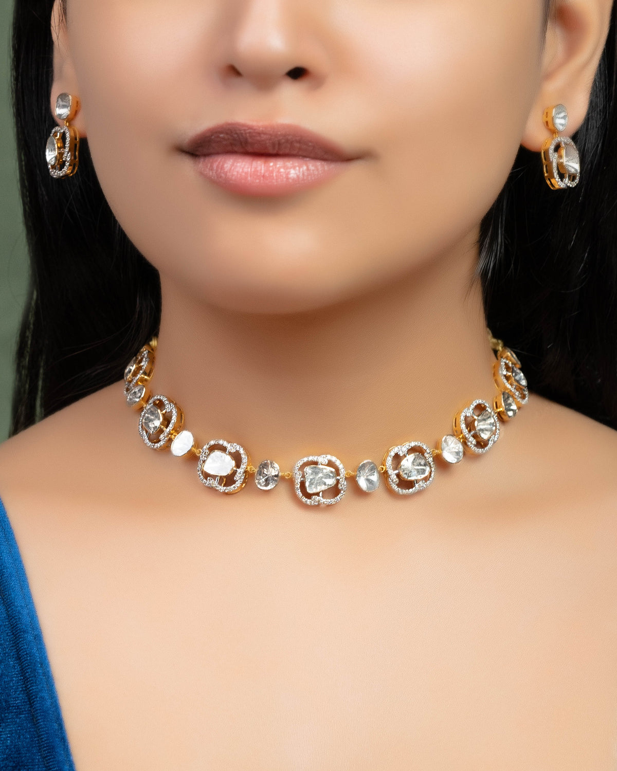 Preya Choker And Asha Long Earrings Polki And Diamond Set