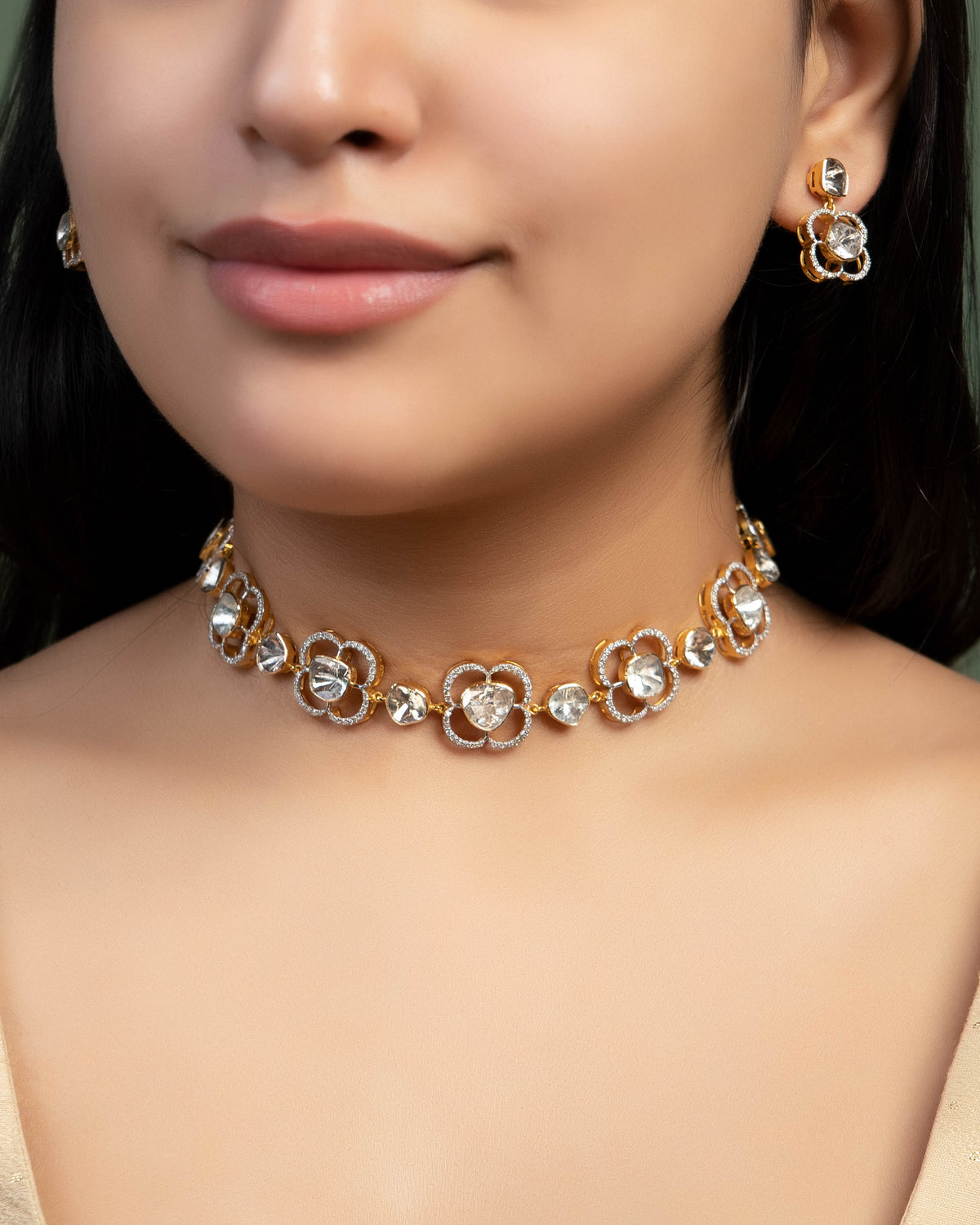 Charmi Choker And Zubi Long Earrings Polki And Diamond Set Main image