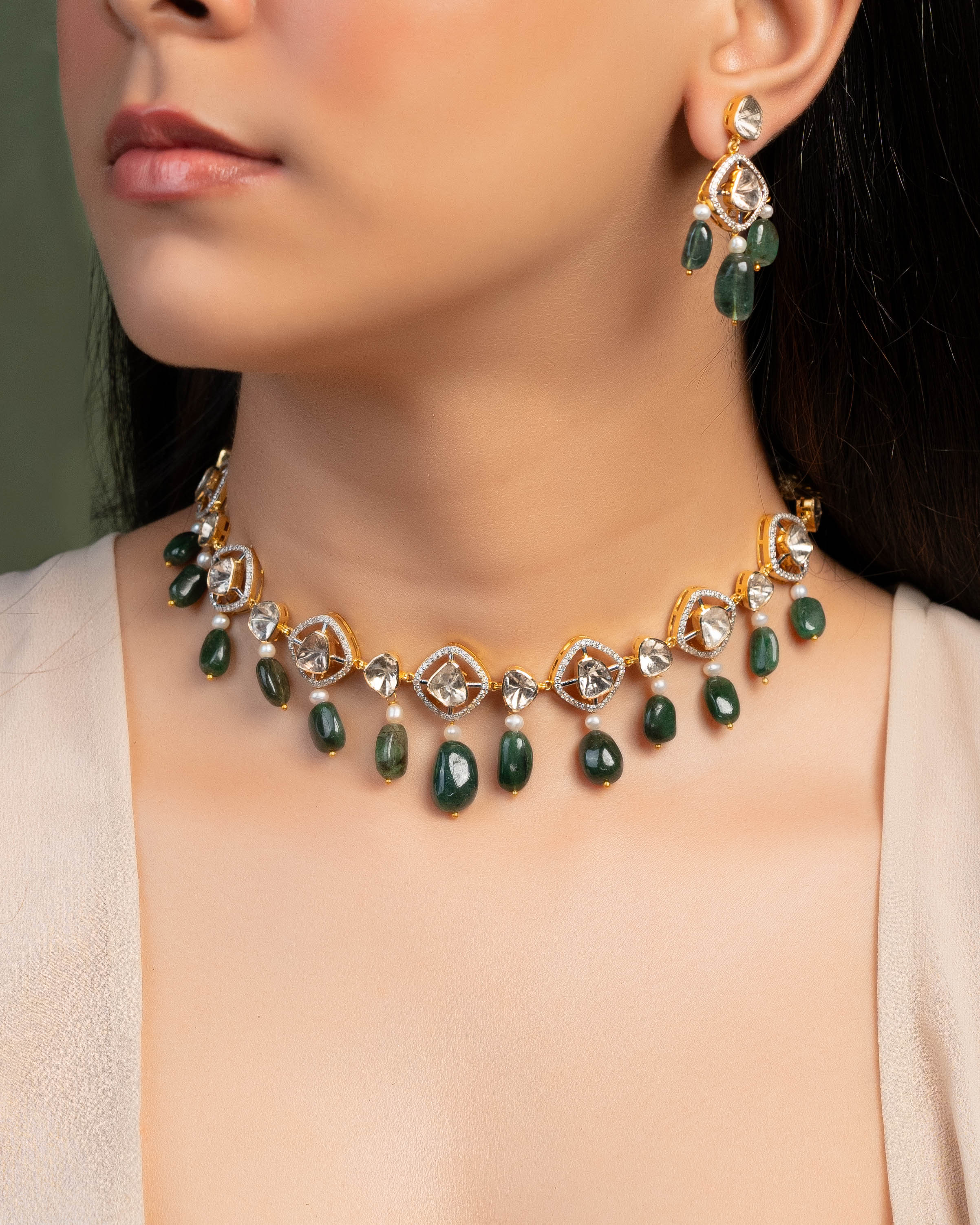 Kriti Choker And Rakul Long Earrings Polki And Diamond Set