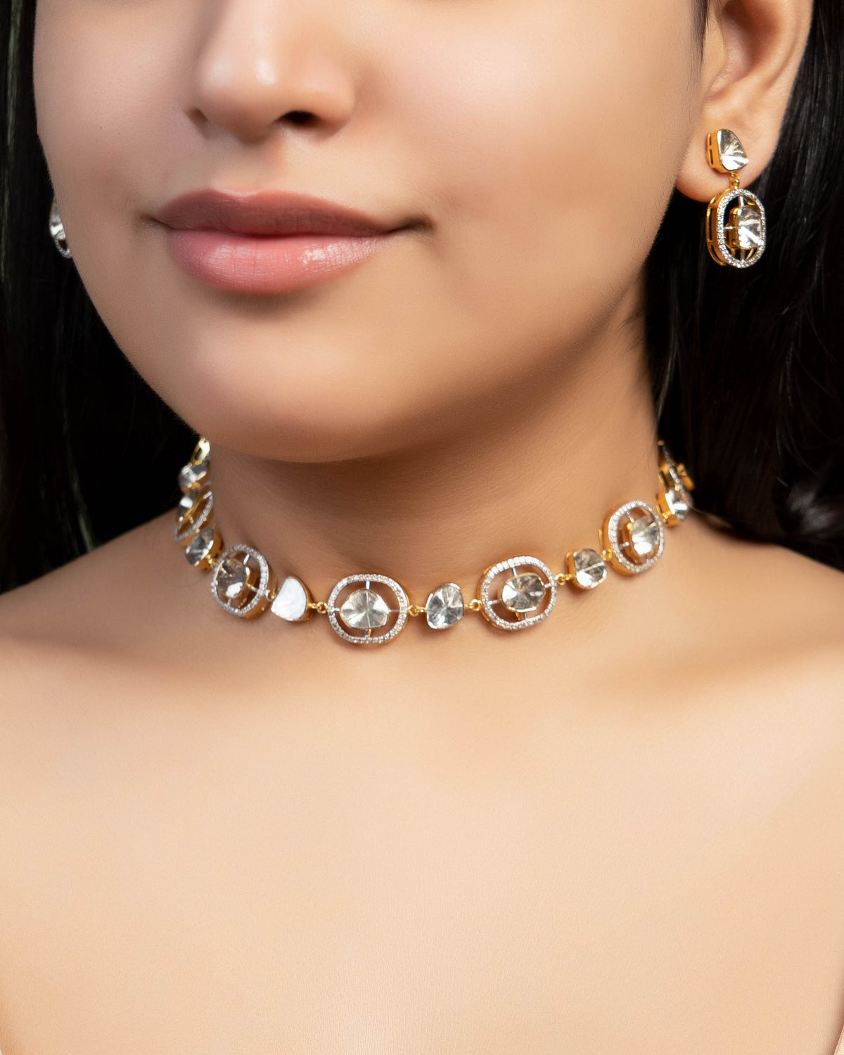 Pallavi Choker And Tulsika Long Earrings Polki And Diamond Set Main image