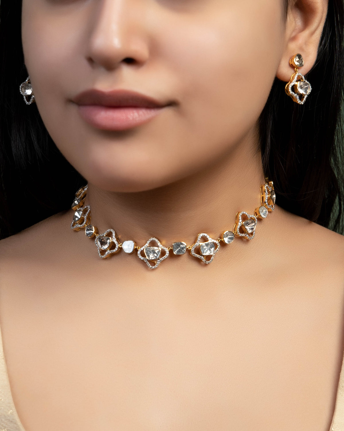 Anveta Choker And Taniya Long Earrings Polki And Diamond Set