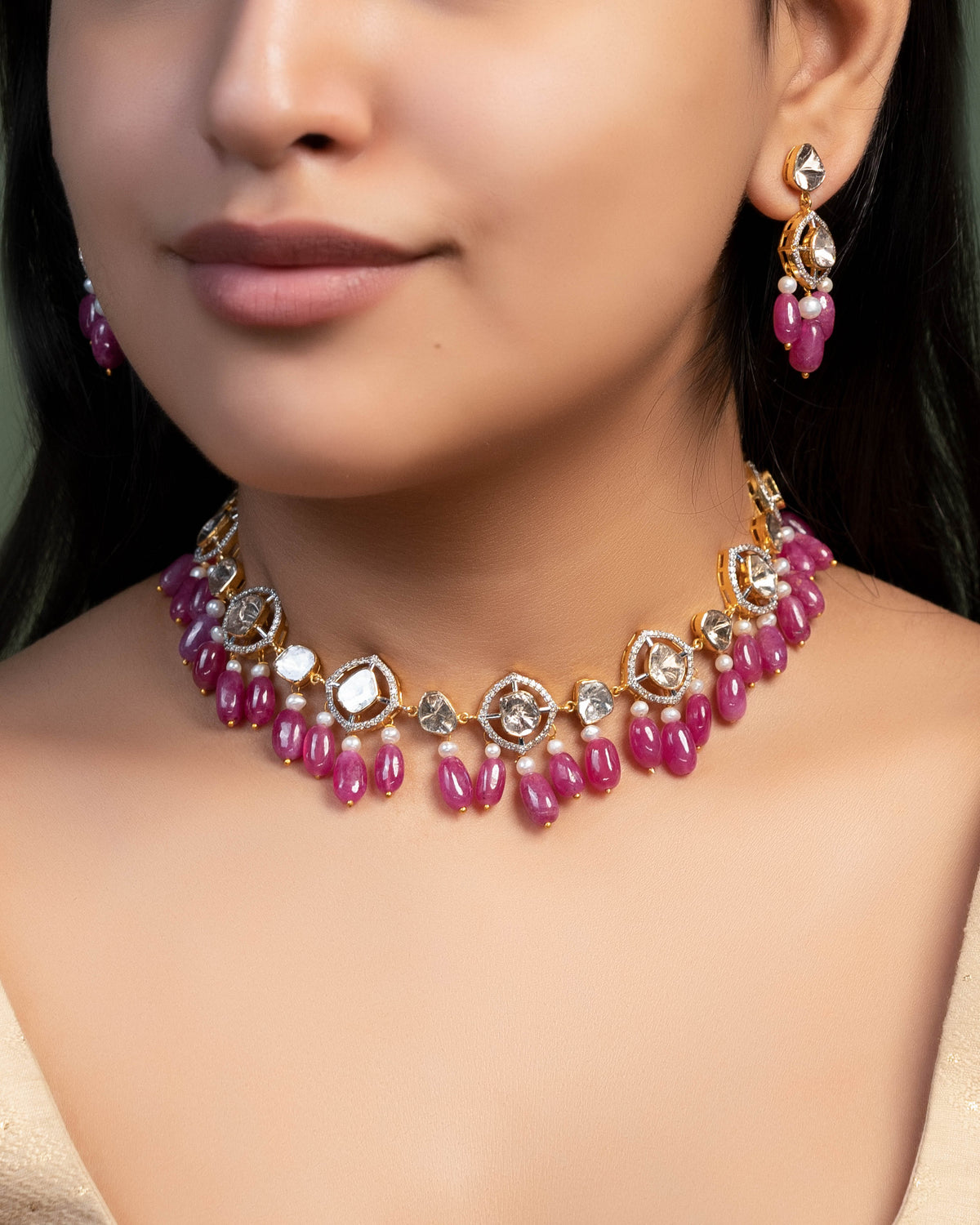 Mireya Choker And Sachi Long Earrings Polki And Diamond Set