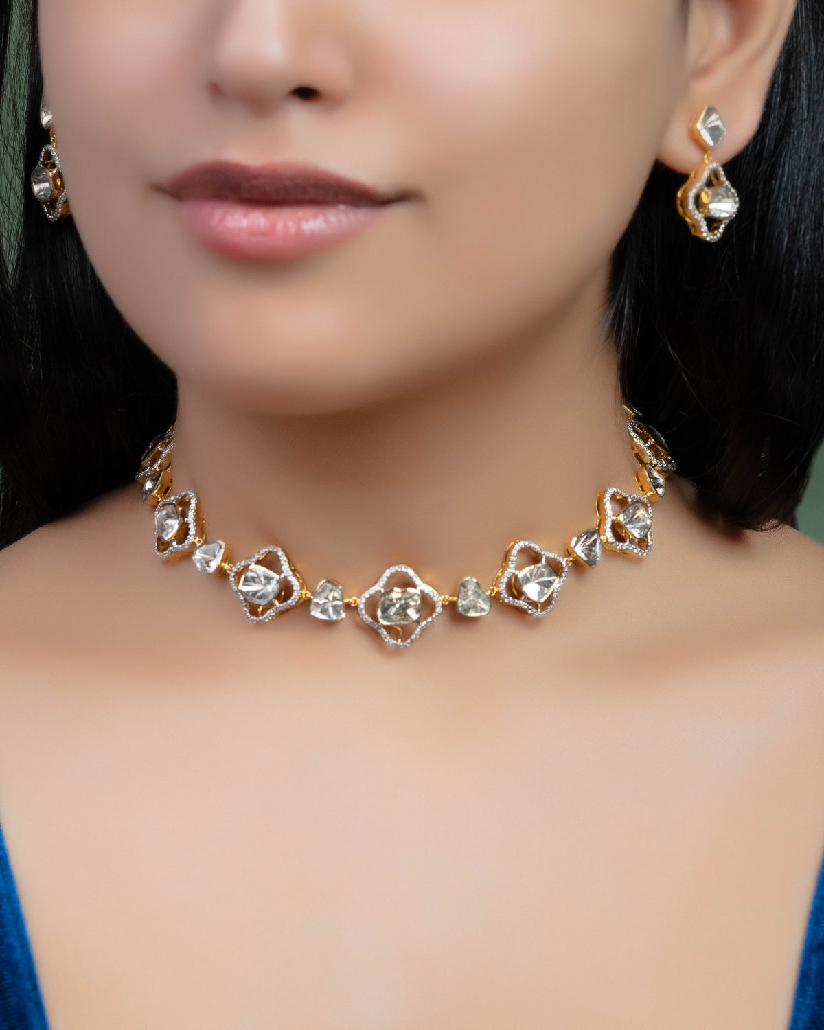 Alveena Choker And Heena Long Earrings Polki And Diamond Set