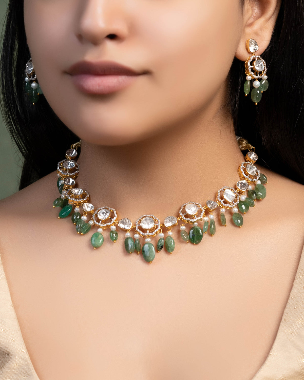 Matsya Choker And Tara Long Earrings Polki And Diamond Set Main image