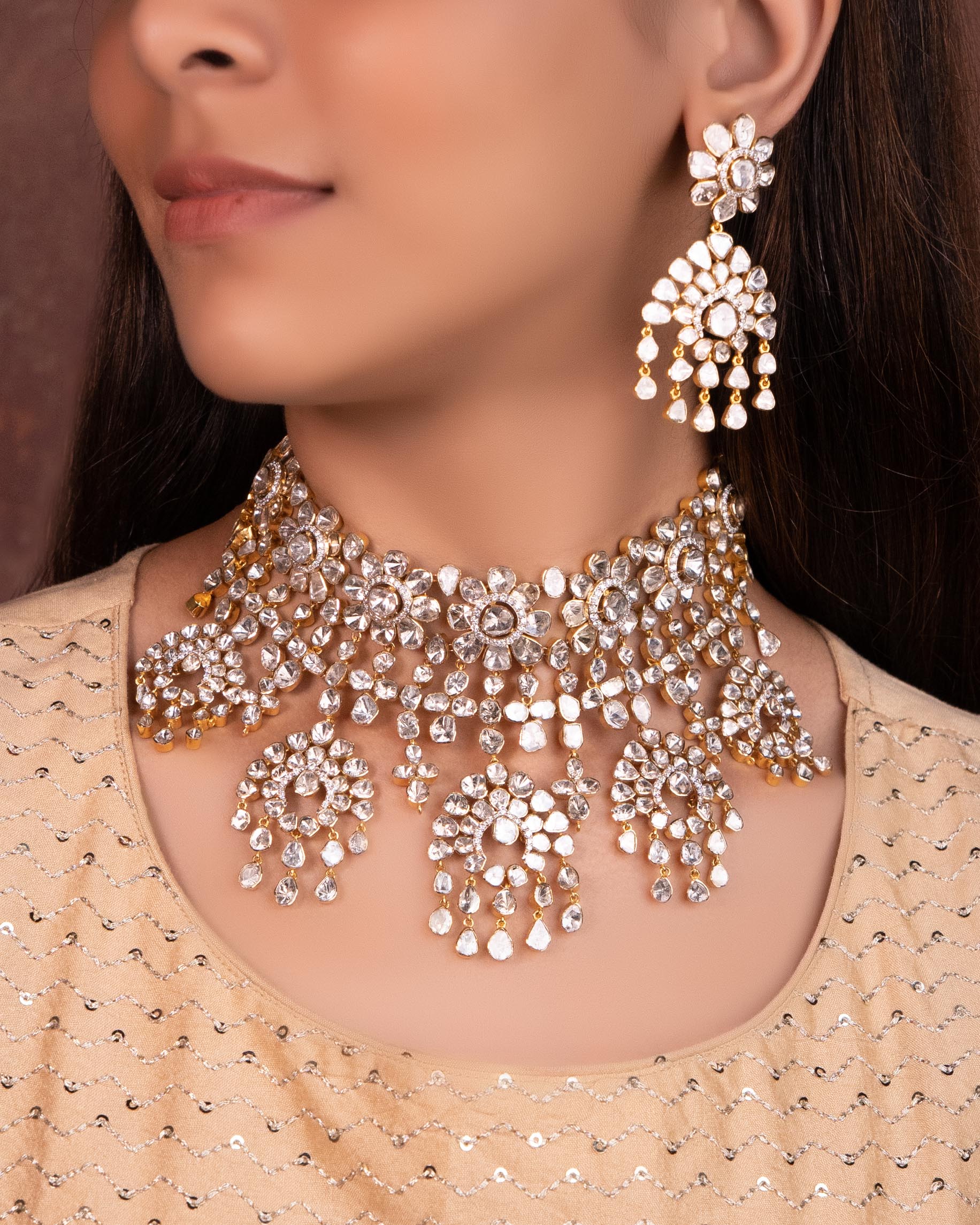 Goenka Choker And Nia Long Earrings Polki And Diamond Set